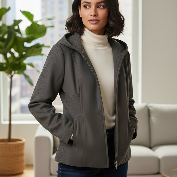 Anne Klein AK Charcoal Grey Hooded Zip-Up Wool Blend Jacket Side Pickets Size M - Picture 4 of 13